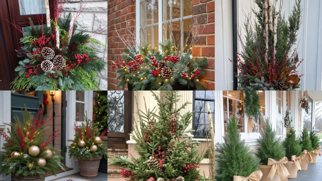 20 Christmas Porch Planters With Berries, Bows and Pretty Greenery